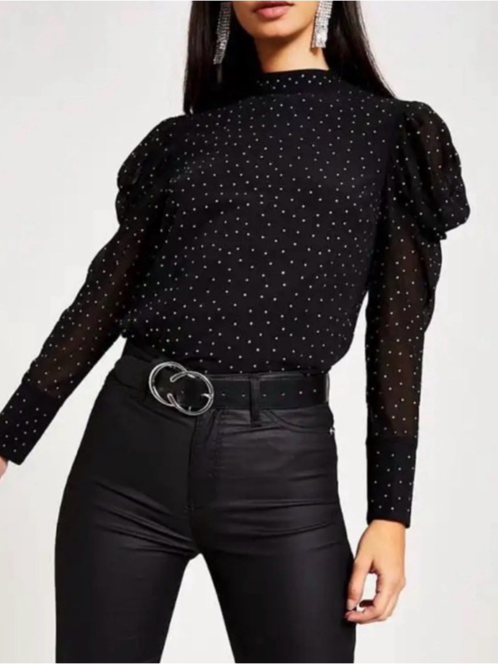 River Island Mock Neck Puff Sleeve Jeweled Top